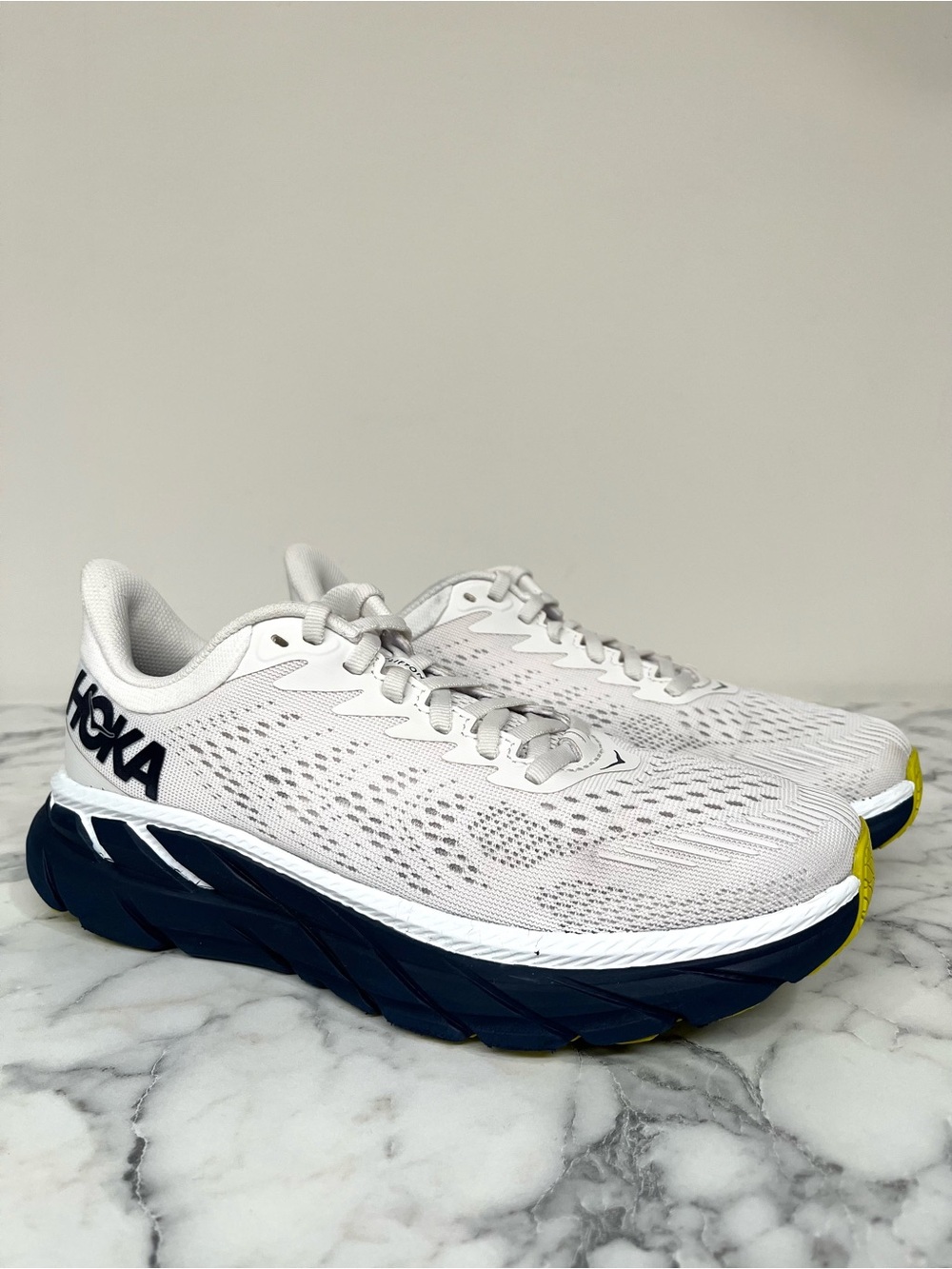 Hoka One One White Navy Sneakers with Yellow Accents